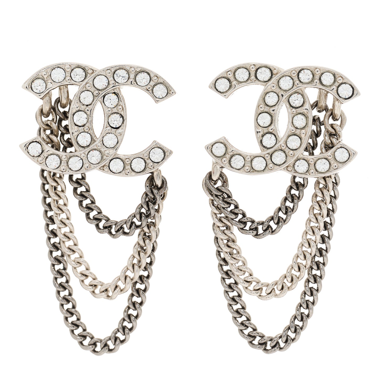 Crystal Chain CC Earrings Silver
