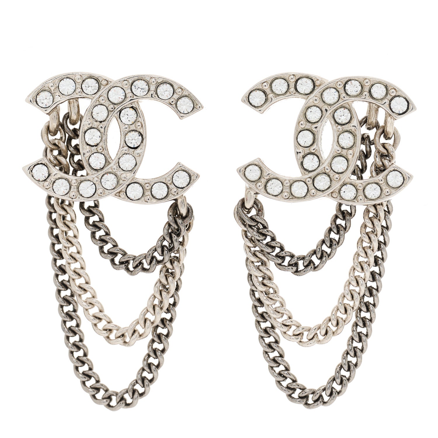 Chanel Crystal Chain CC Earrings Silver 1 of 3