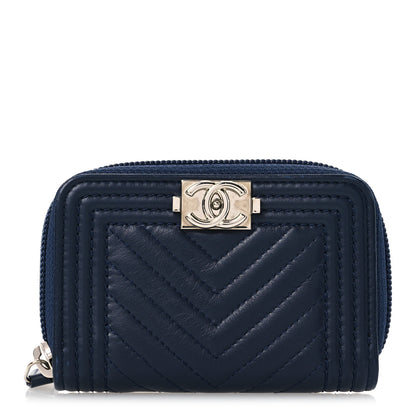 Chanel Calfskin Chevron Quilted Zip Around Boy Coin Purse Navy Blue 1 of 11