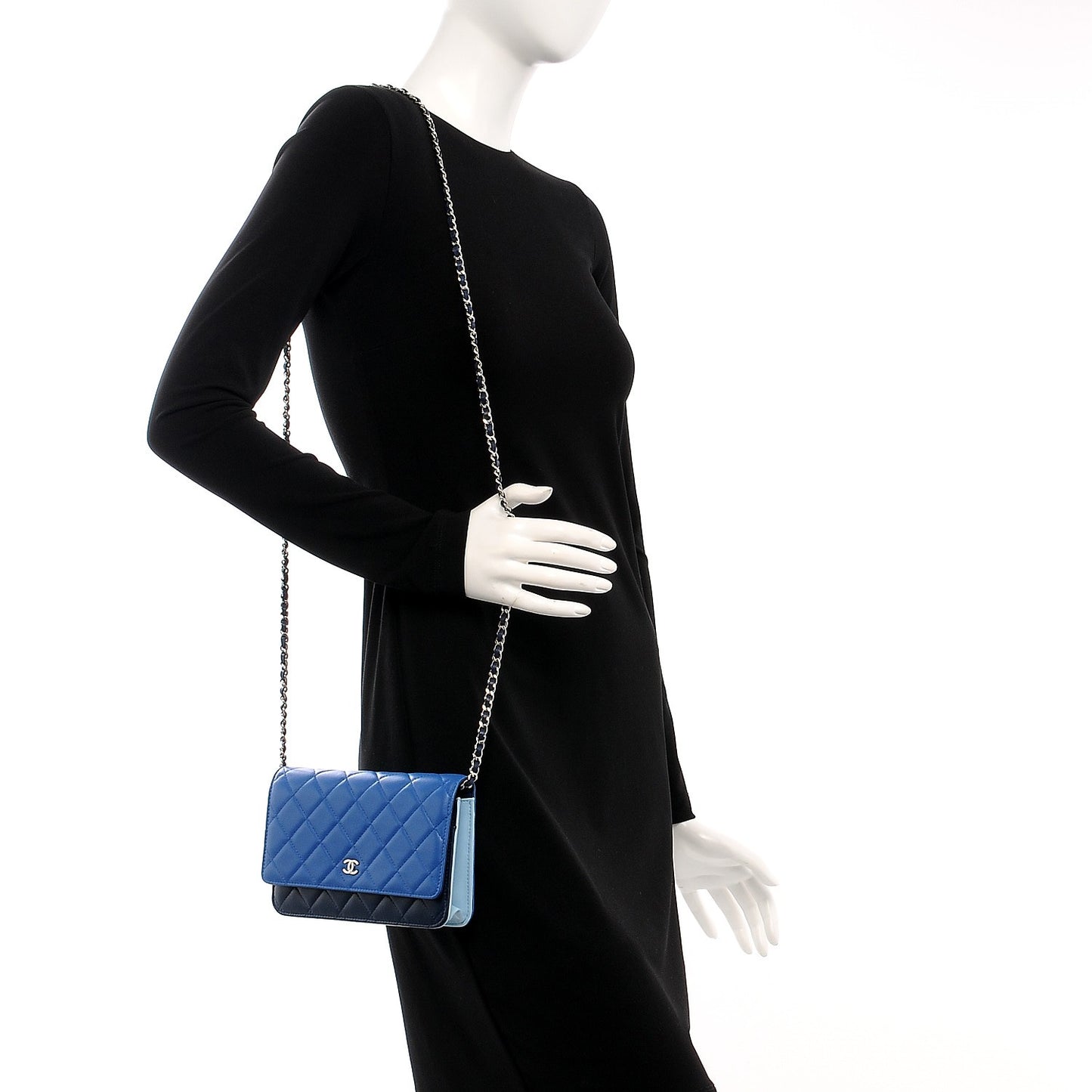 Lambskin Quilted Tri-Color Wallet On Chain WOC Dark Blue