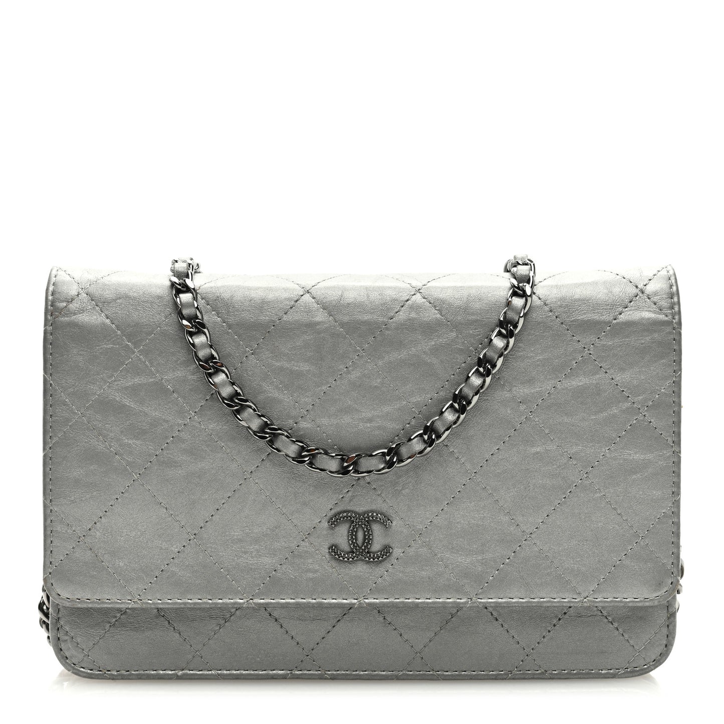 Metallic Aged Calfskin Quilted Wallet on Chain WOC Silver