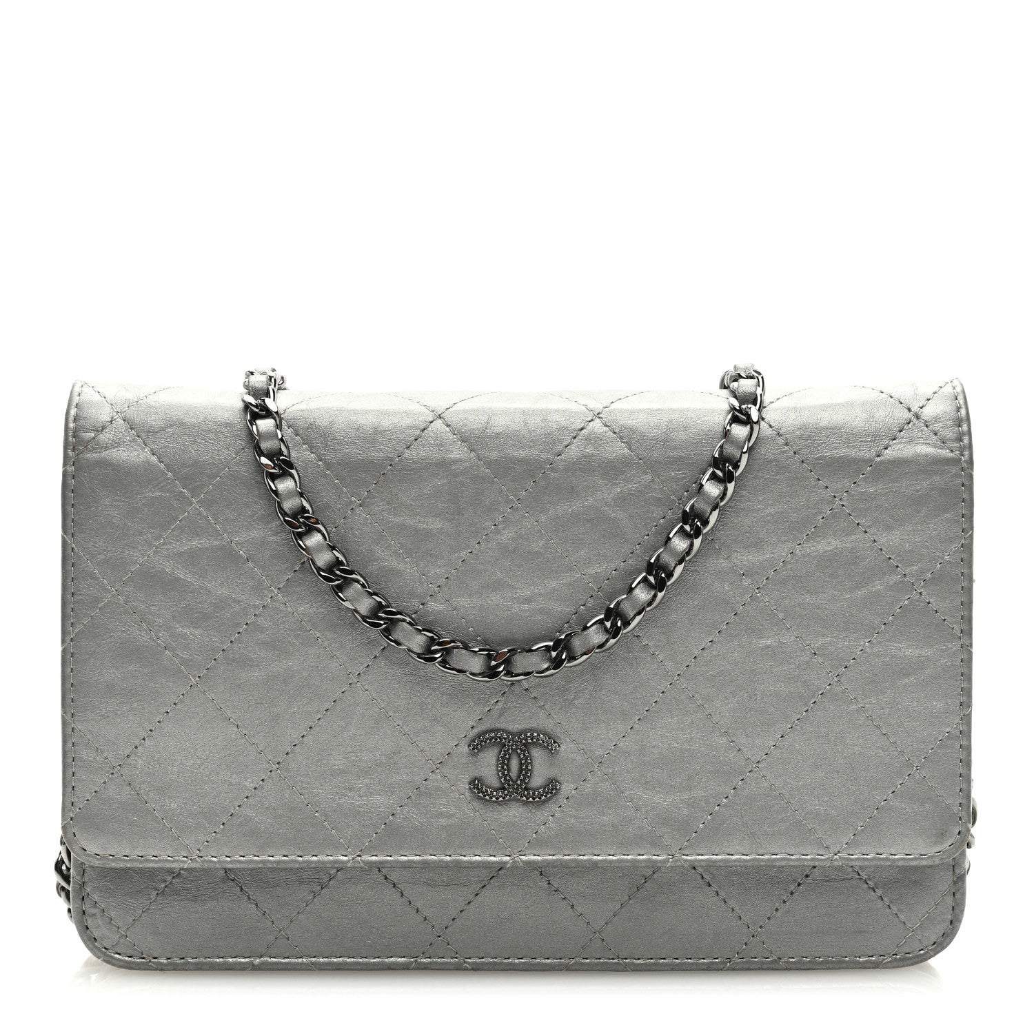 Chanel Metallic Aged Calfskin Quilted Wallet on Chain WOC Silver 1 of 9
