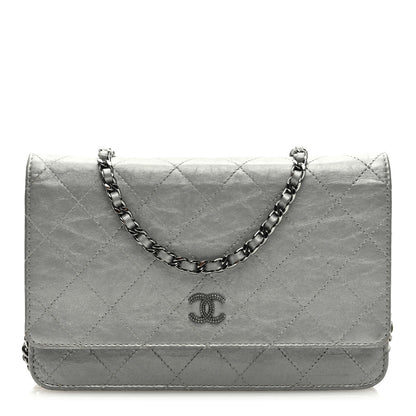 Chanel Metallic Aged Calfskin Quilted Wallet on Chain WOC Silver 1 of 9
