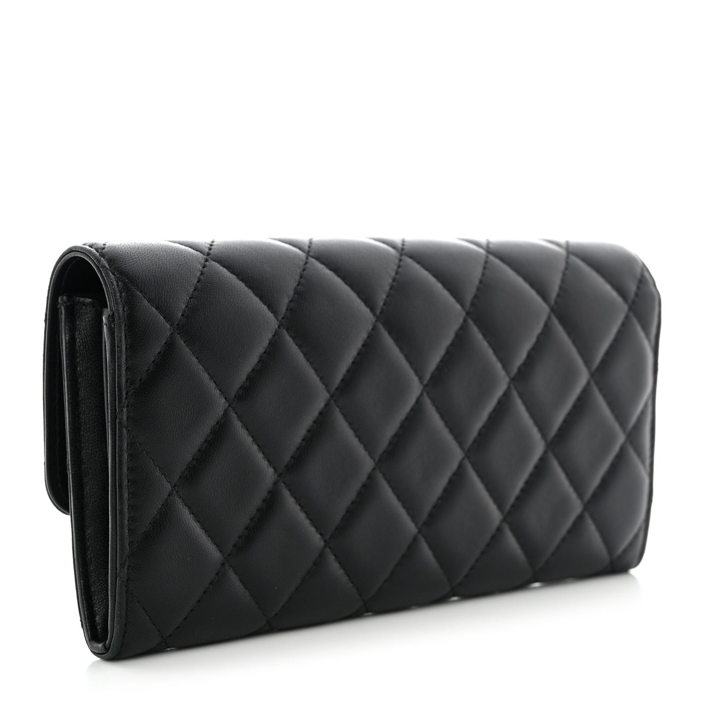 Lambskin Quilted Large Gusset Flap Wallet Black
