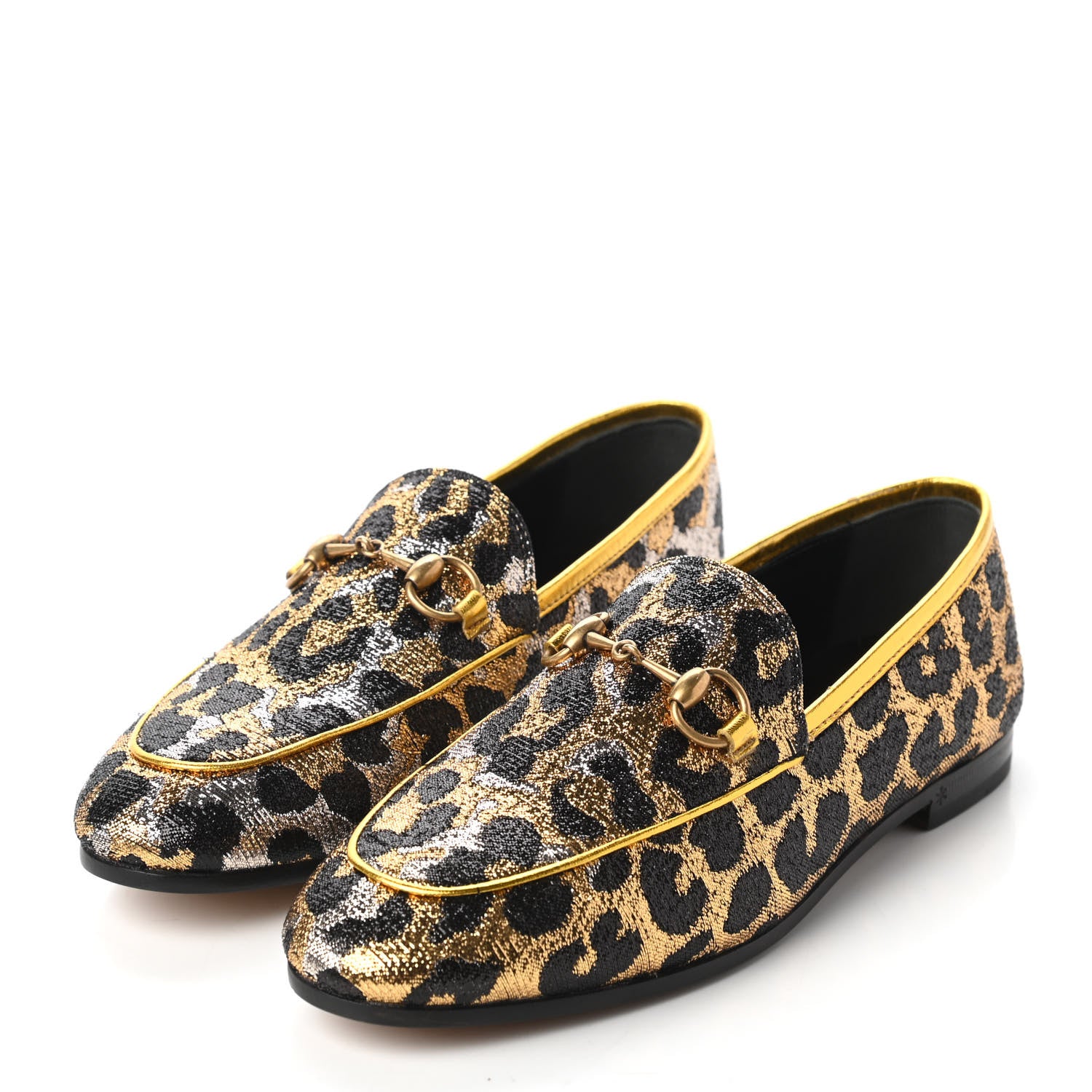 Gucci Jacquard Leopard Print Horsebit Womens Jordaan Loafers 35 Gold 3 of 9