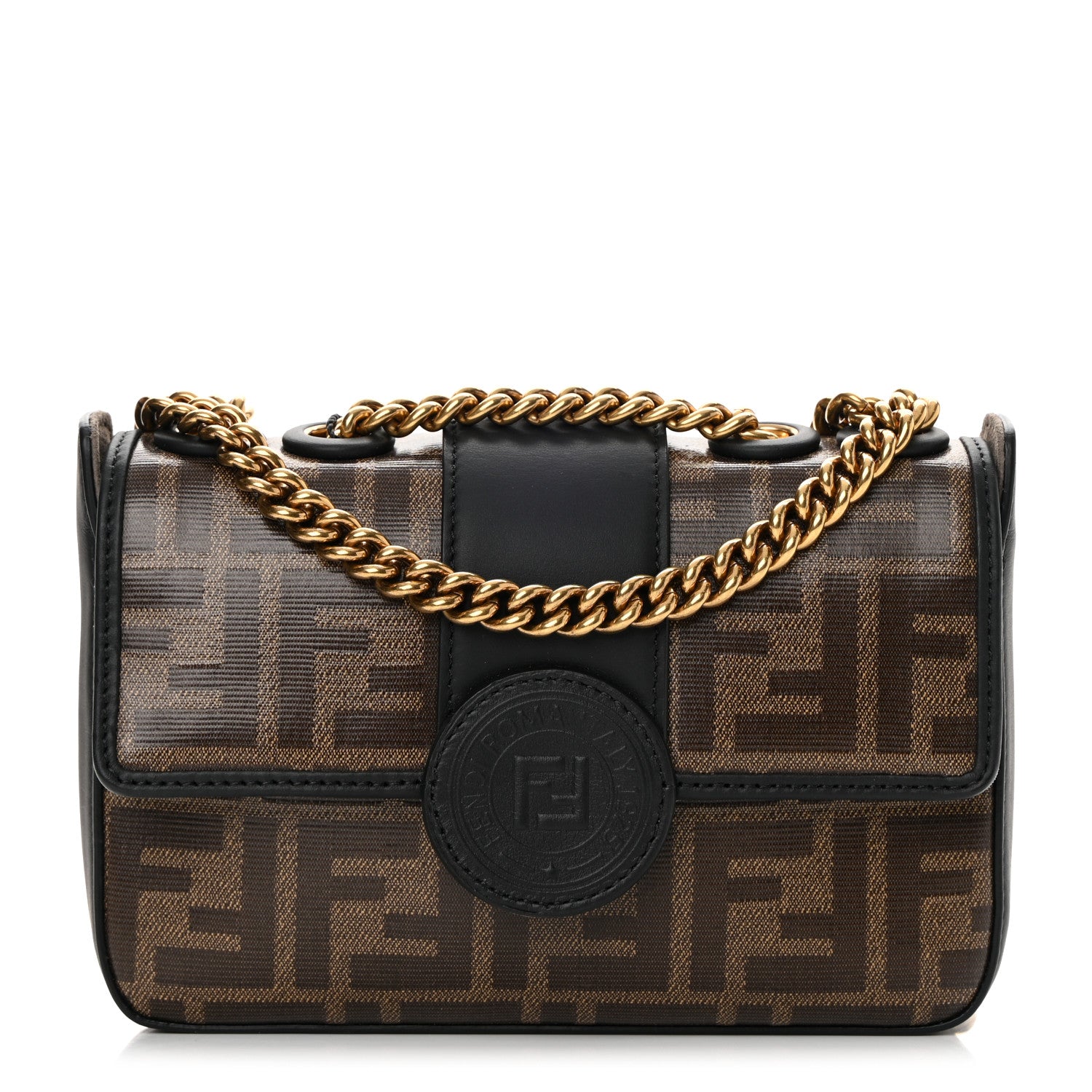 Fendi Glazed Fabric Vitello Century FF 1974 Stamp Patch Mini Double F Crossbody Bag Mogano Panna Black 1 of 10
