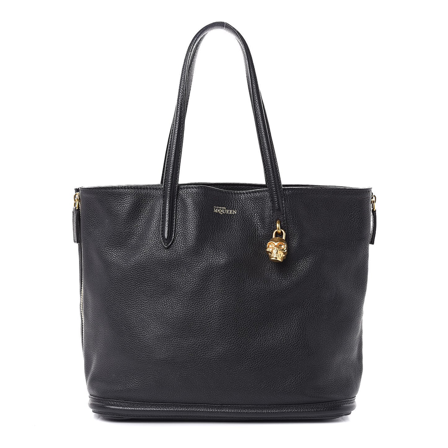 Pebbled Calfskin Skull Padlock Tote Black