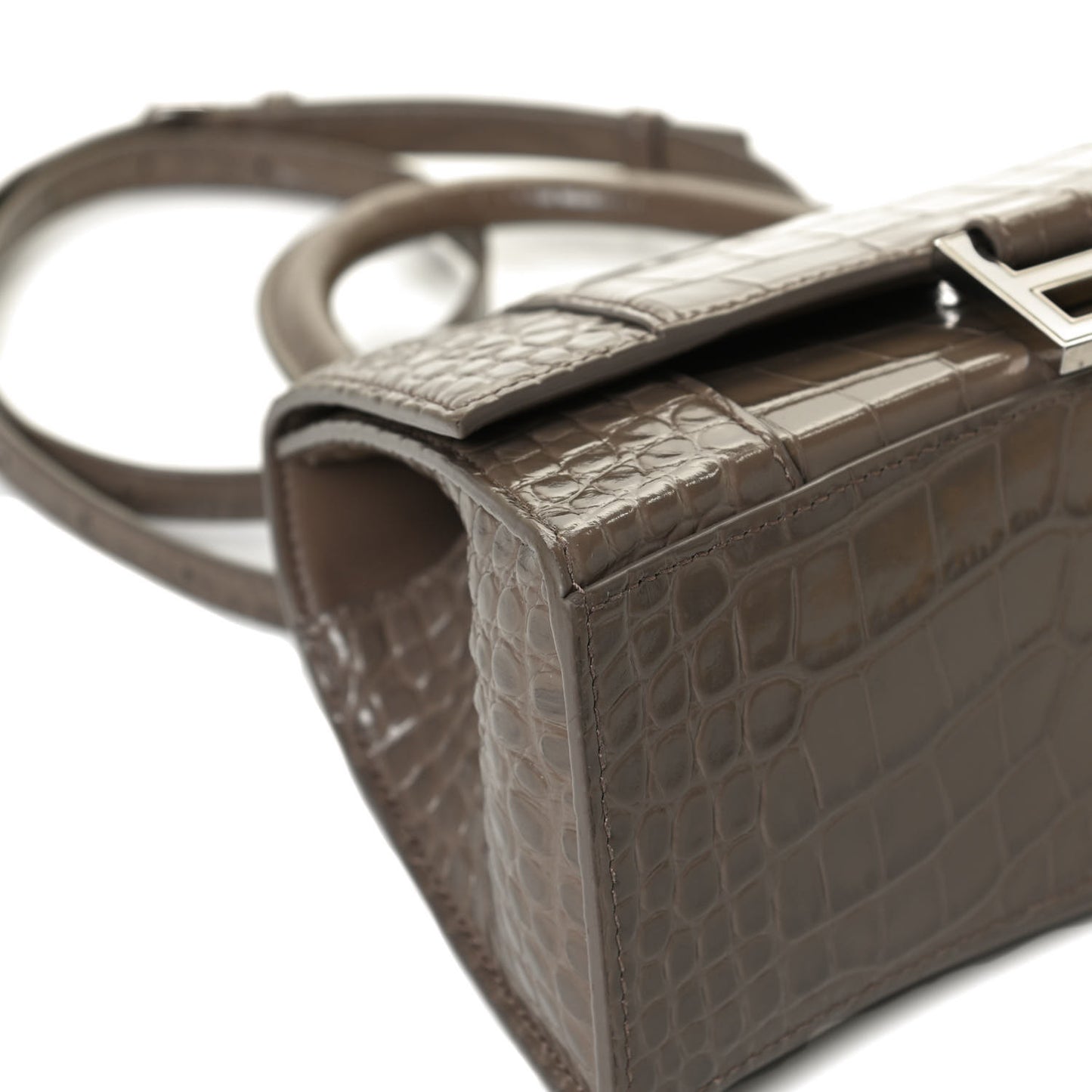 Shiny Calfskin Crocodile Embossed Small Hourglass Top Handle Bag Mink Grey
