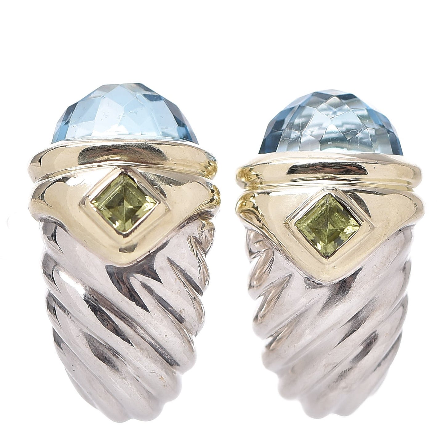 Sterling Silver 14K Yellow Gold Blue Topaz Peridot Thoroughbred Shrimp Earrings