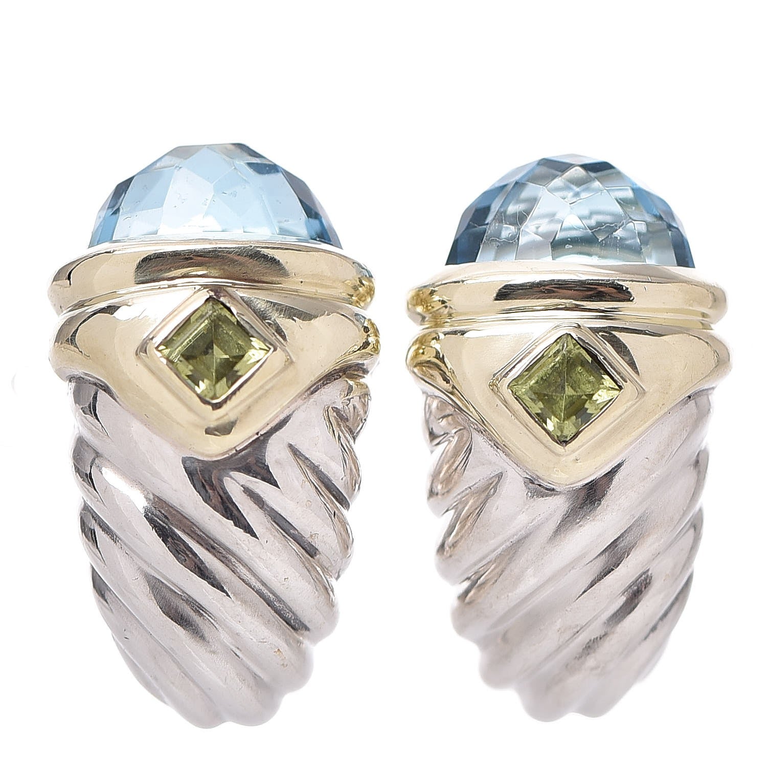 David Yurman Sterling Silver 14K Yellow Gold Blue Topaz Peridot Thoroughbred Shrimp Earrings 1 of 4