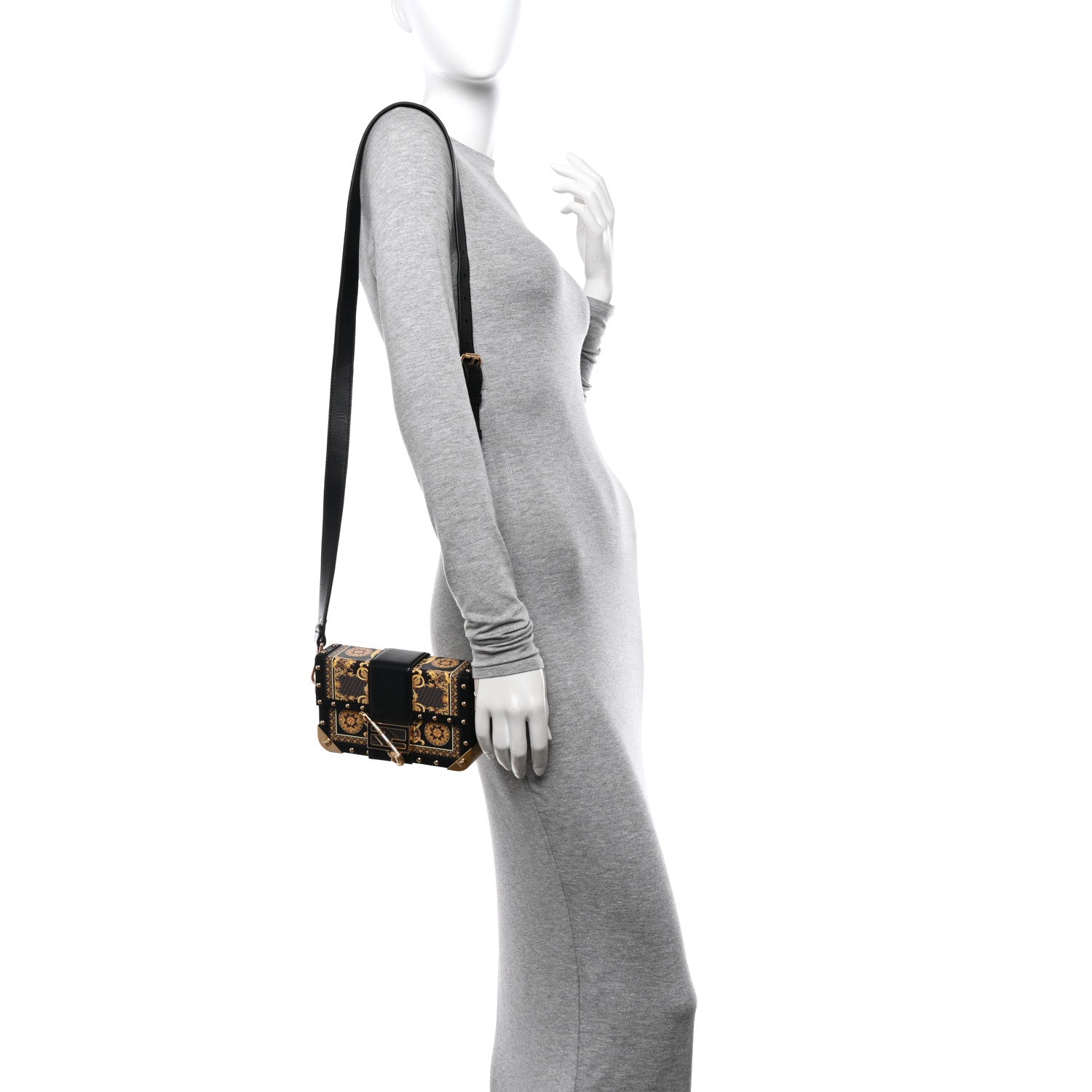 Fendi X VERSACE Vitello Cover Fendace Mini FF Baroque Brooch Studded Mini Baguette Trunk Black Gold 2 of 9