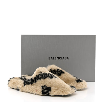 Balenciaga Faux Fur Allover Logo Teddy 5mm Mules 38 Beige Black 2 of 8