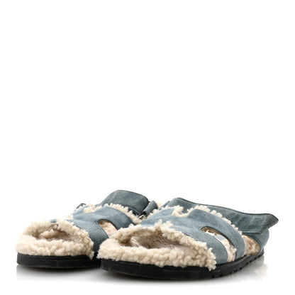 Hermes Suede Goatskin Woolskin Womens Chypre Sandals 38.5 Bleu Pinede Ecru 4 of 9