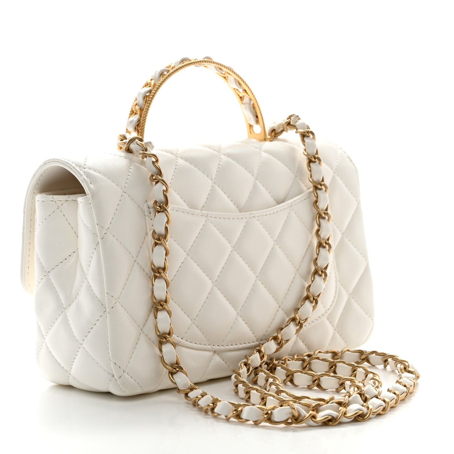 Lambskin Quilted Mini Metal Top Handle Rectangular Flap White
