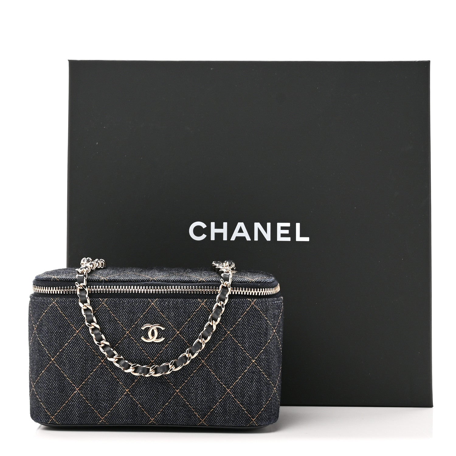 Chanel Denim Quilted Small Vanity Case With Chain Dark Blue Orange 11 of 11