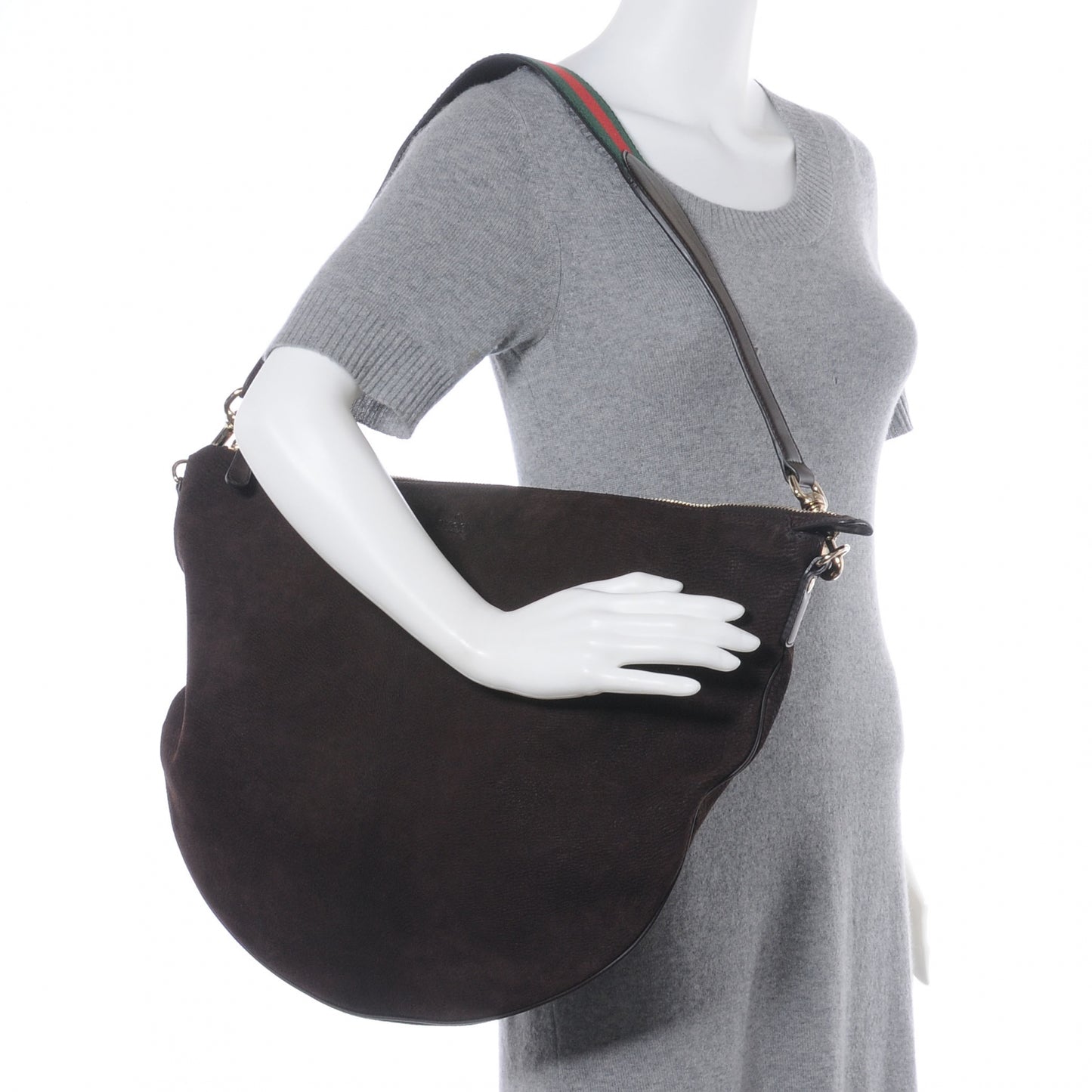 Nubuck Suede Large Web Messenger Bag Dark Brown