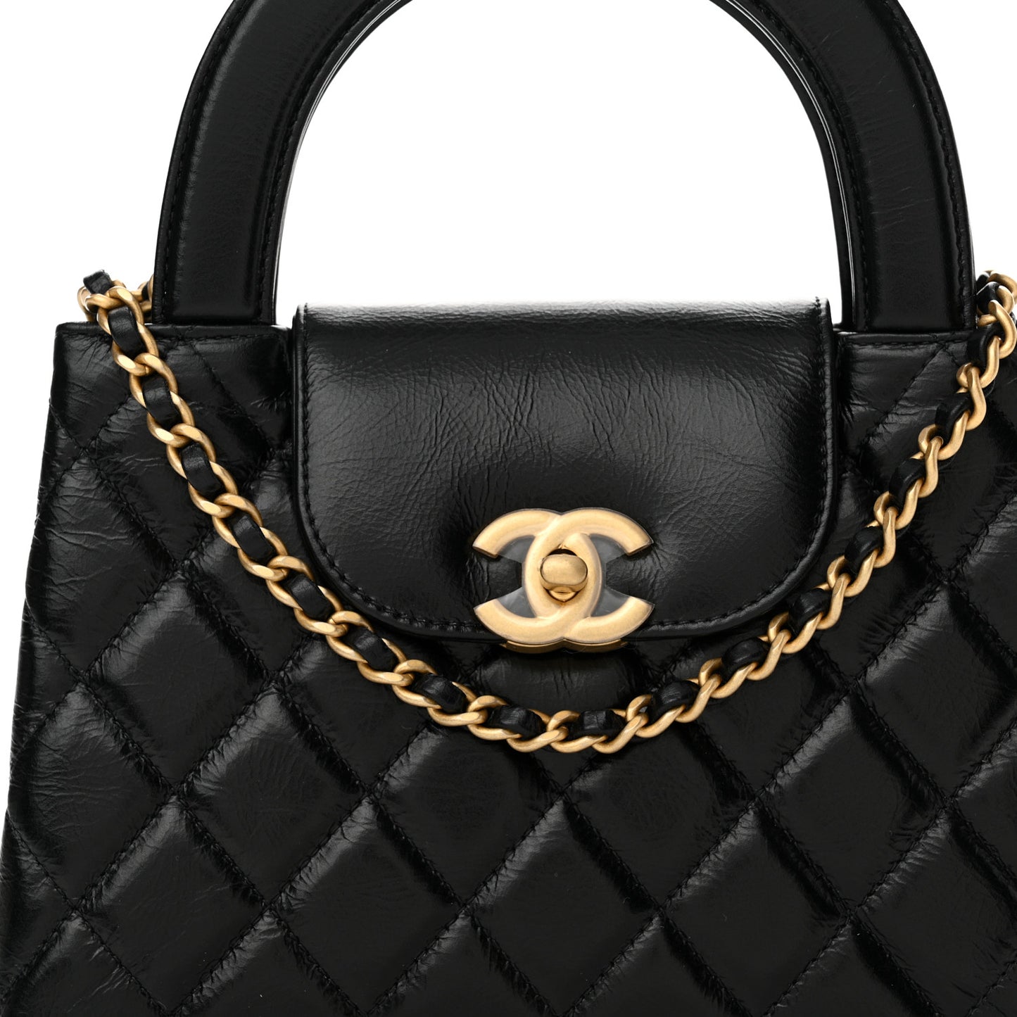 Shiny Aged Calfskin Quilted Nano Kelly Shopper Black