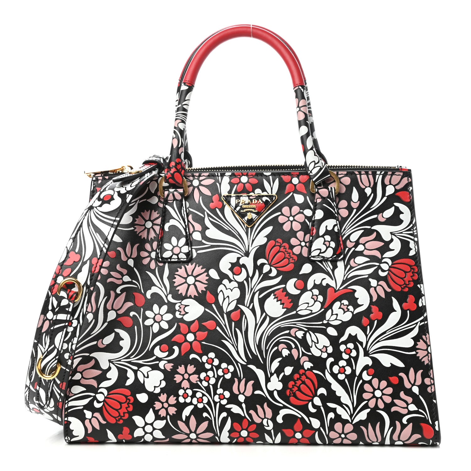 Prada Calfskin Floreale Medium Galleria Double Zip Tote White Black Pink 1 of 9