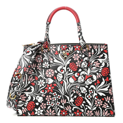 Prada Calfskin Floreale Medium Galleria Double Zip Tote White Black Pink 1 of 9