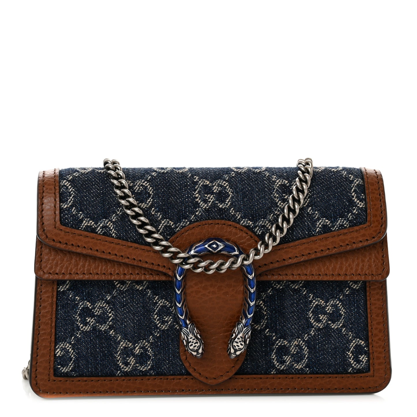 New Denim GG Monogram Dollar Calfskin Enamel Super Mini Dionysus Shoulder Bag Blue Tea Cuir Epilog Electric Blue