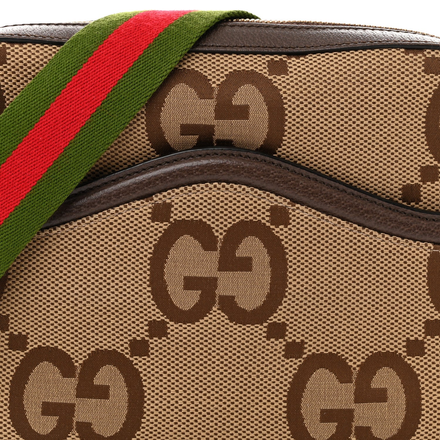 Gucci Monogram Jumbo GG Textured Dollar Calfskin Web Messenger Shoulder Bag Camel Ebony New Acero 8 of 10