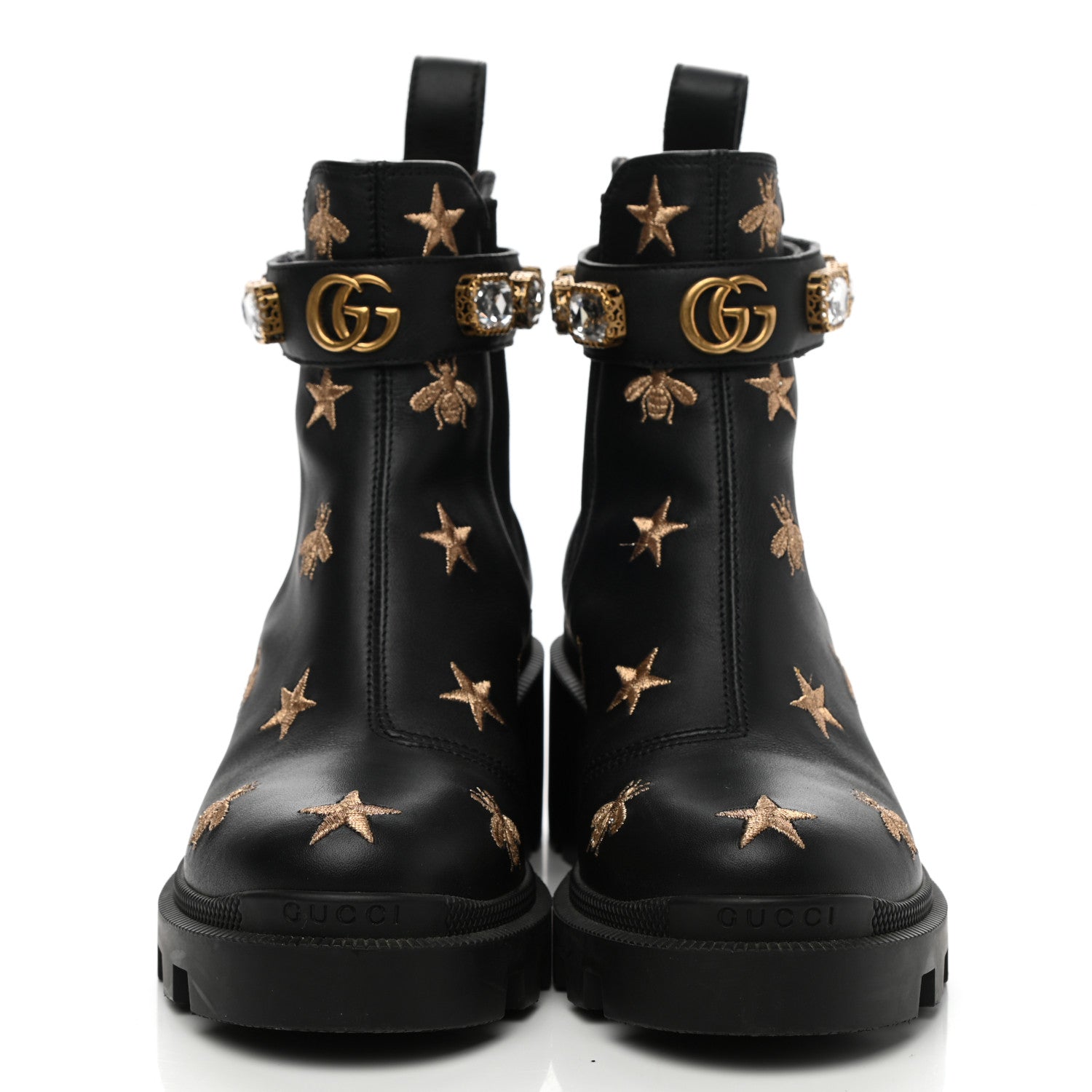 Gucci Calfskin Bee Star Embroidered Belt Ankle Boots 35 Black 2 of 8