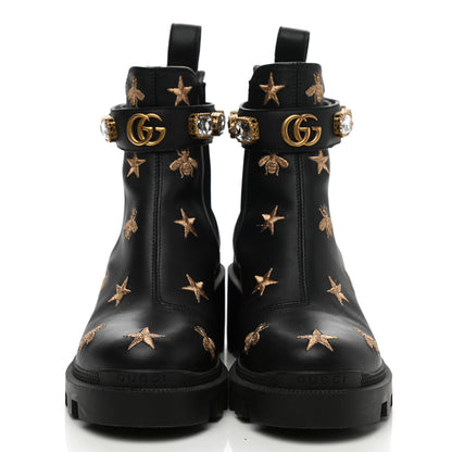 Gucci Calfskin Bee Star Embroidered Belt Ankle Boots 35 Black 2 of 8