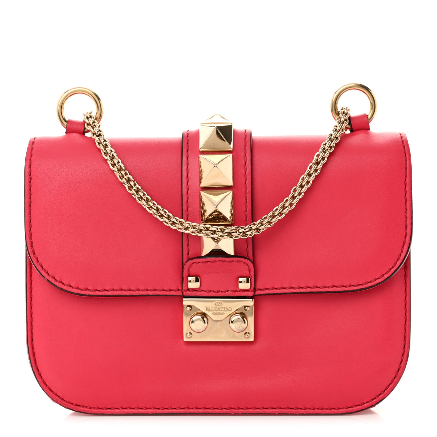 Vitello Small Glam Lock Rockstud Flap Deep Fuxia
