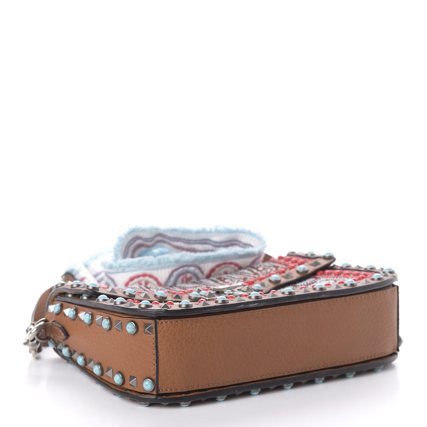 Calfskin Embroidered Medium Guitar Strap Rockstud Rolling Flap Saddle Bag Light Cuir