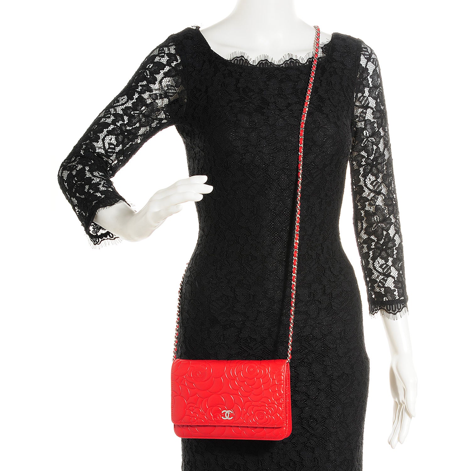 Chanel Lambskin Camellia Embossed Wallet On Chain WOC Red 2 of 8