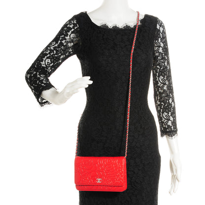 Chanel Lambskin Camellia Embossed Wallet On Chain WOC Red 2 of 8