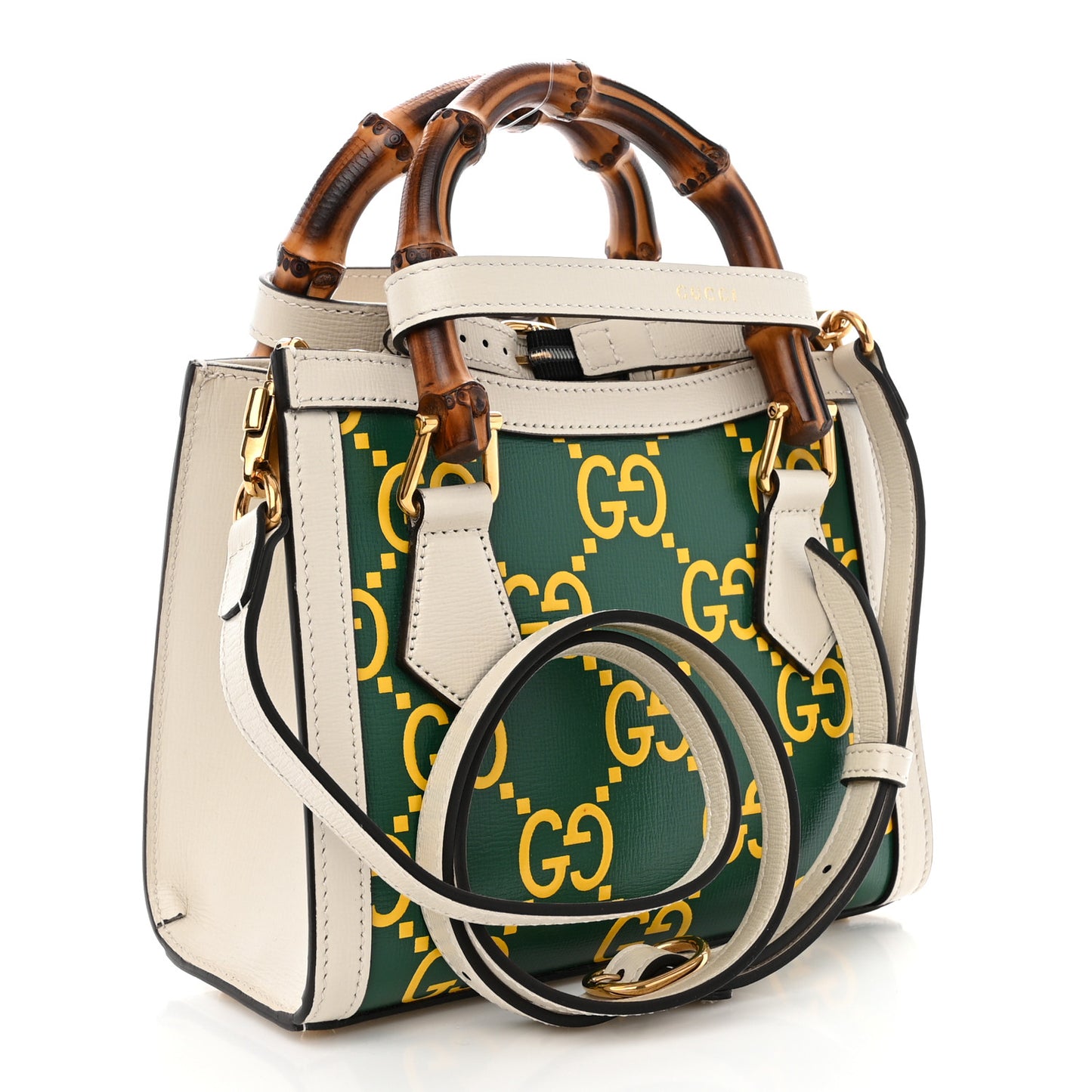 Azalea Calfskin GG Monogram Bi-Color Debossed Mini Diana Tote Bag Emerald Stone Topaz Mystic White
