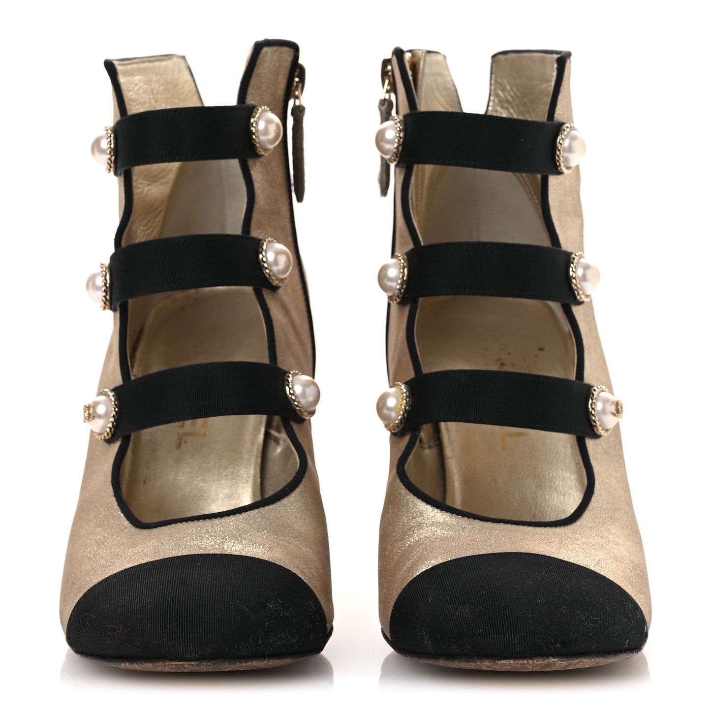 Metallic Calfskin Grosgrain Cap Toe Pearl Ankle Boots 37.5 Gold