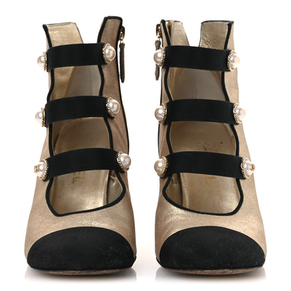 Chanel Metallic Calfskin Grosgrain Cap Toe Pearl Ankle Boots 37.5 Gold 3 of 14
