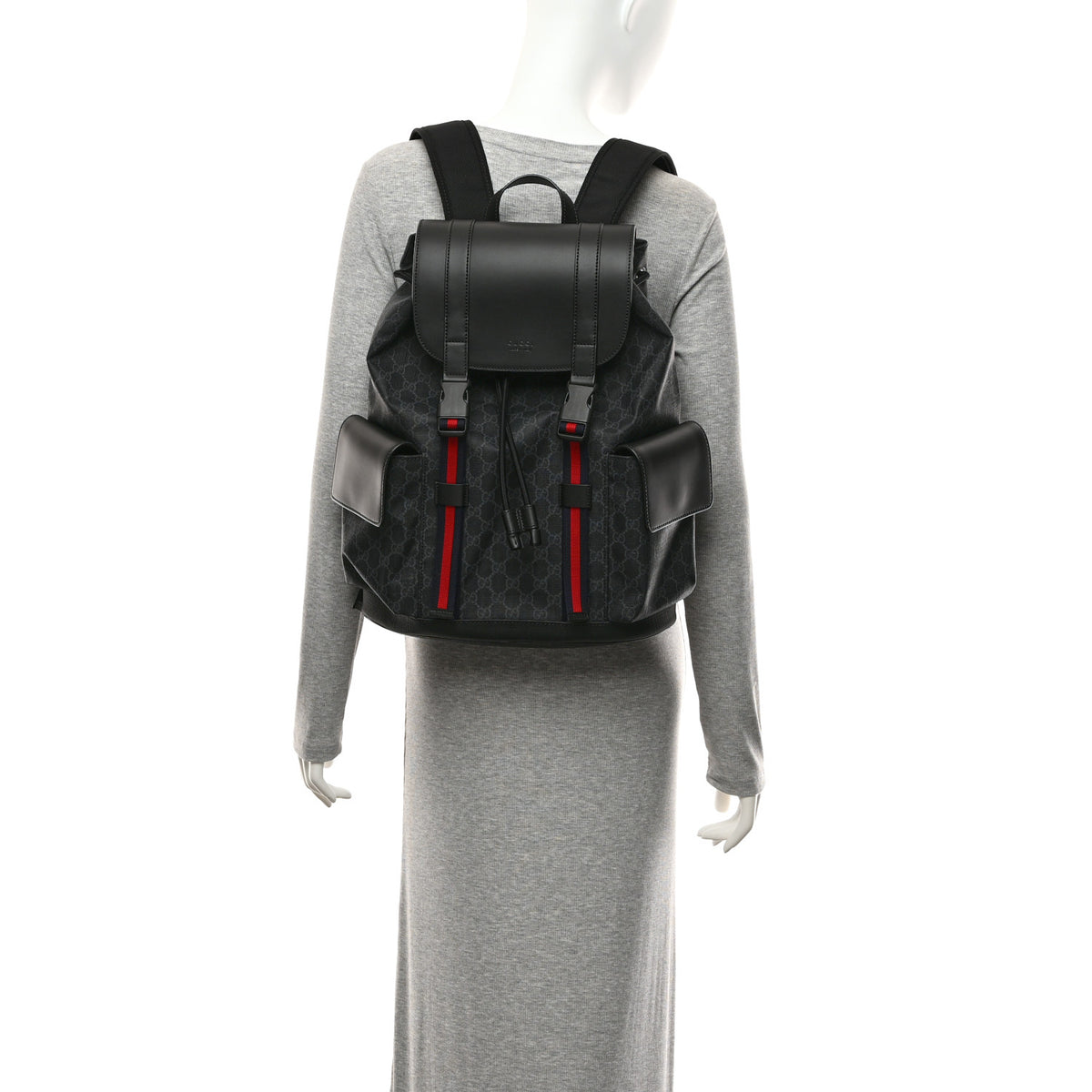 Gucci Soft GG Supreme Monogram Calfskin Web Double Buckle Backpack Black 2 of 10