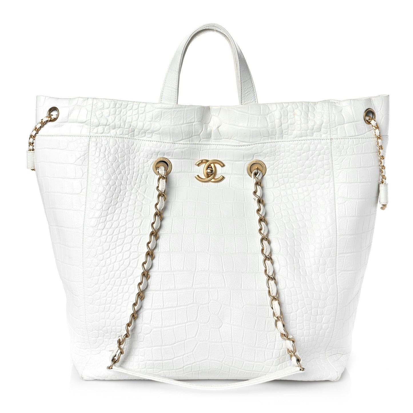 Calfskin Crocodile Embossed Large Cocodile Shopping Tote White