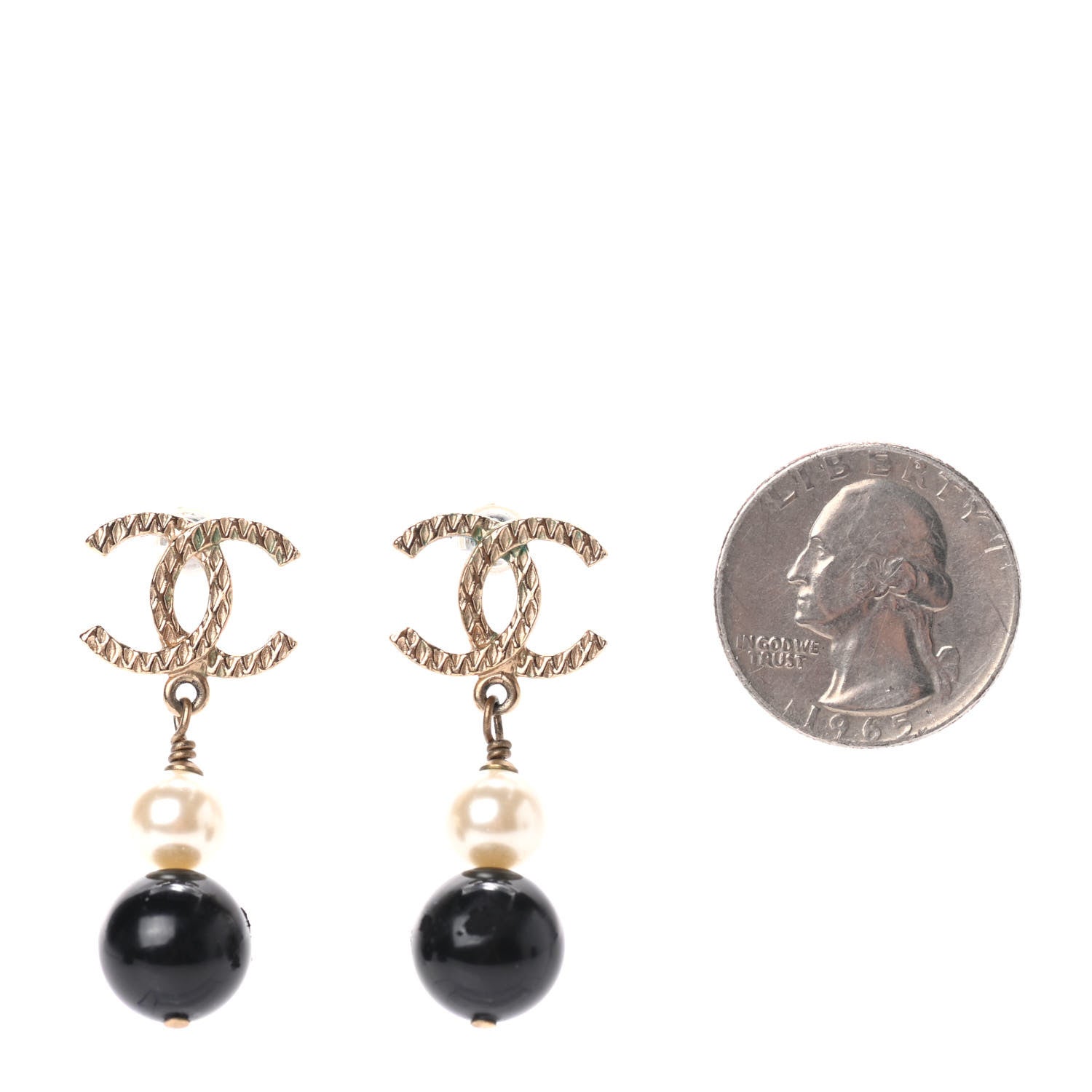 Chanel Pearl Bead CC Drop Earrings Black Gold 2 of 4