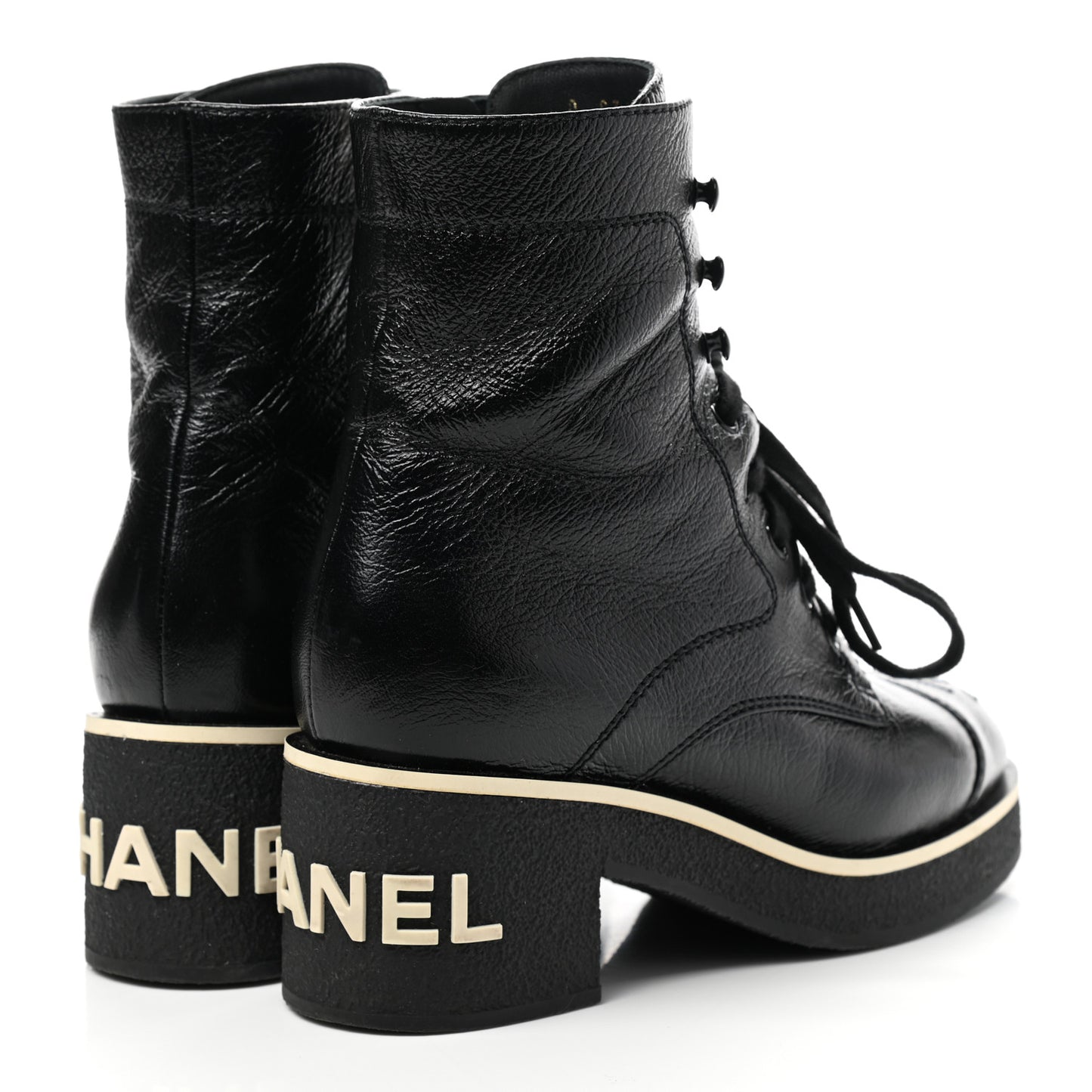 Shiny Crumpled Lambskin Lace Up Combat Boots 35 Black