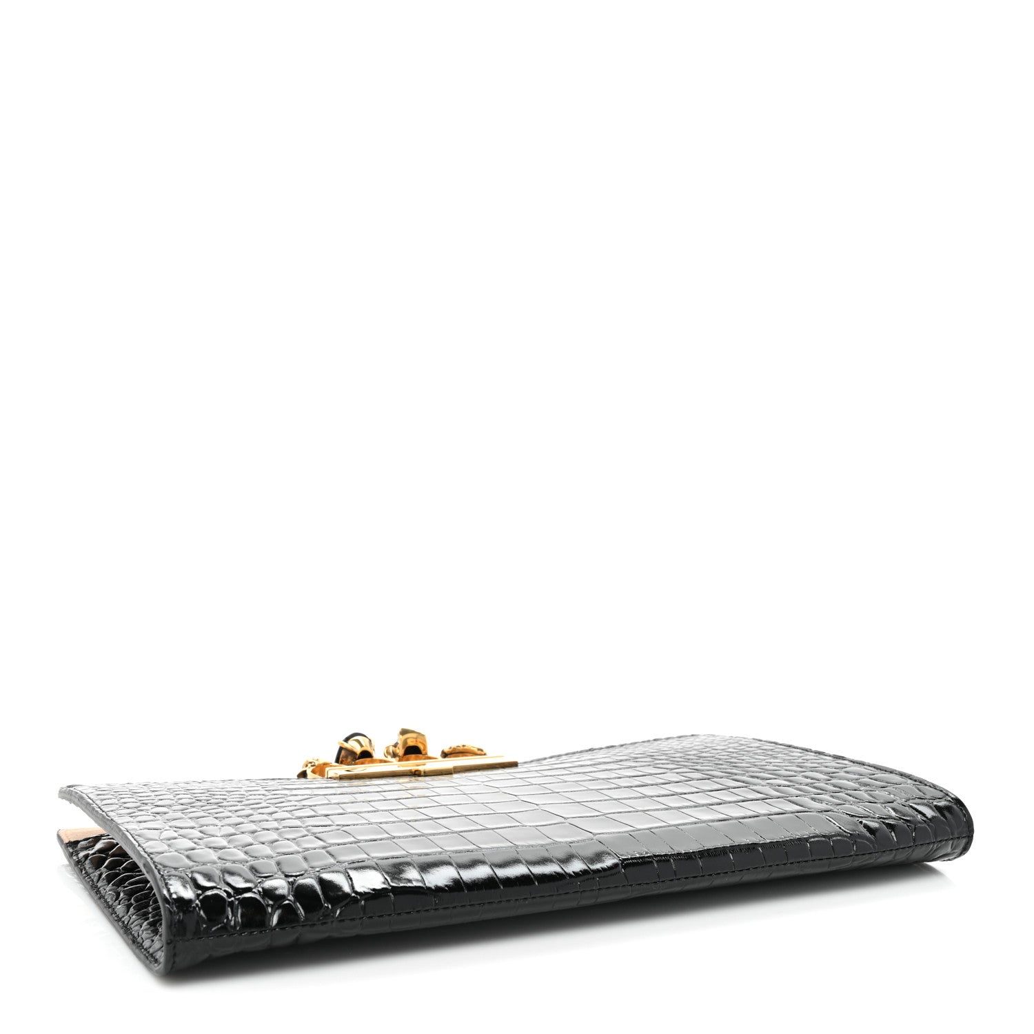 Alexander McQueen Calfskin Crocodile Embossed Knuckle Flat Clutch Black Gold 4 of 12