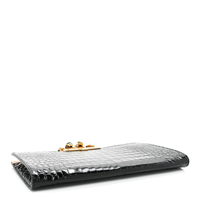 Alexander McQueen Calfskin Crocodile Embossed Knuckle Flat Clutch Black Gold 4 of 12