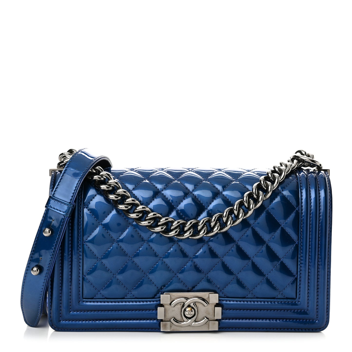 Metallic Patent Quilted Medium Boy Flap Blue