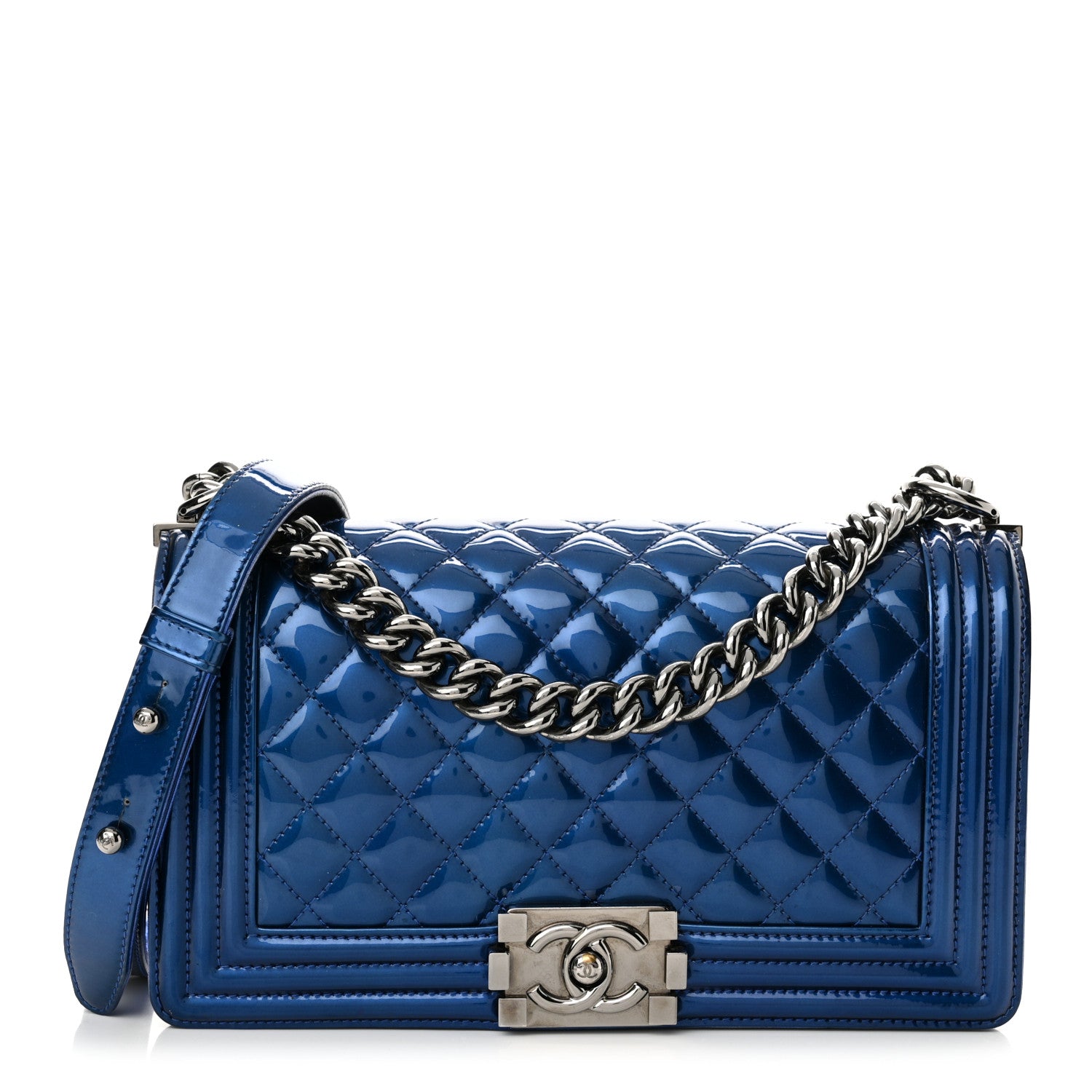 Chanel Metallic Patent Quilted Medium Boy Flap Blue 1 of 18