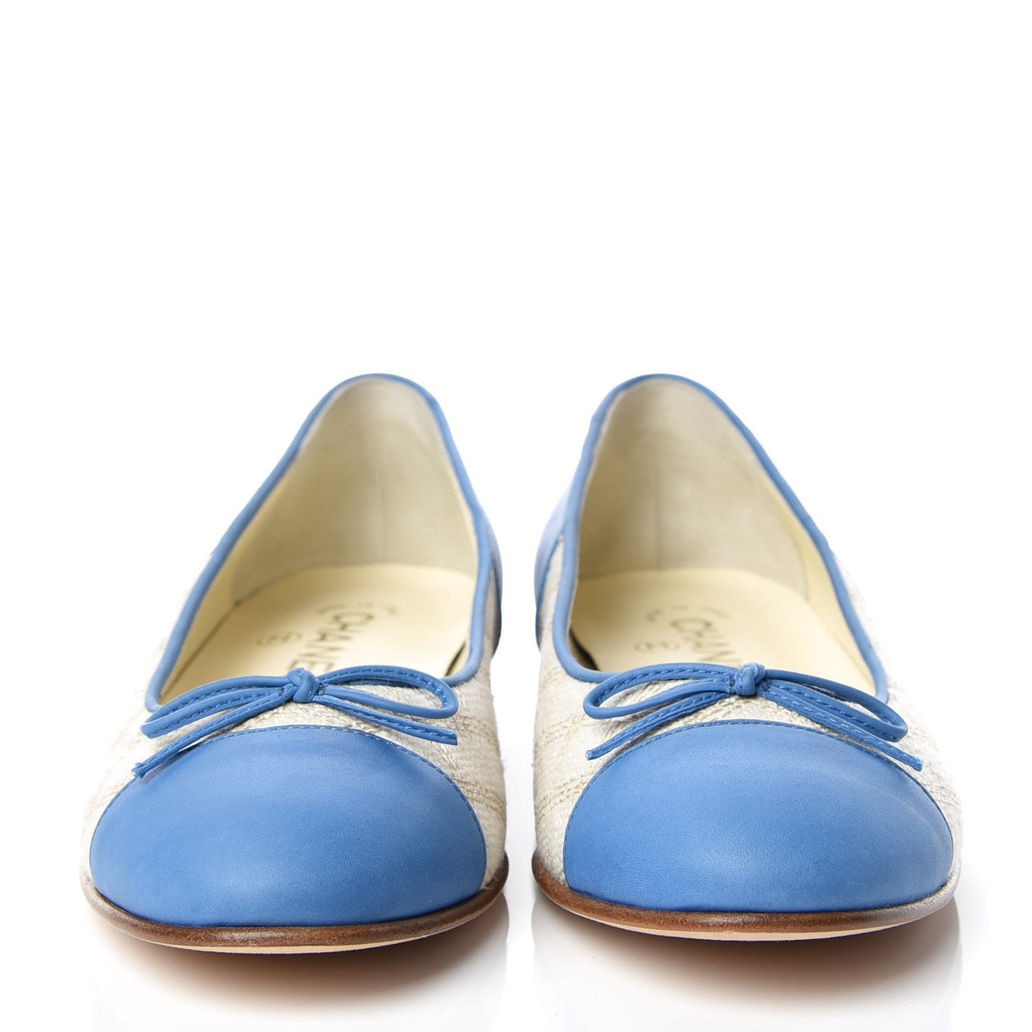 Toile Oily Calfskin CC Cap Toe Ballerina Flats 36 Light Beige Blue