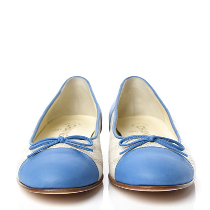 Chanel Toile Oily Calfskin CC Cap Toe Ballerina Flats 36 Light Beige Blue 3 of 11