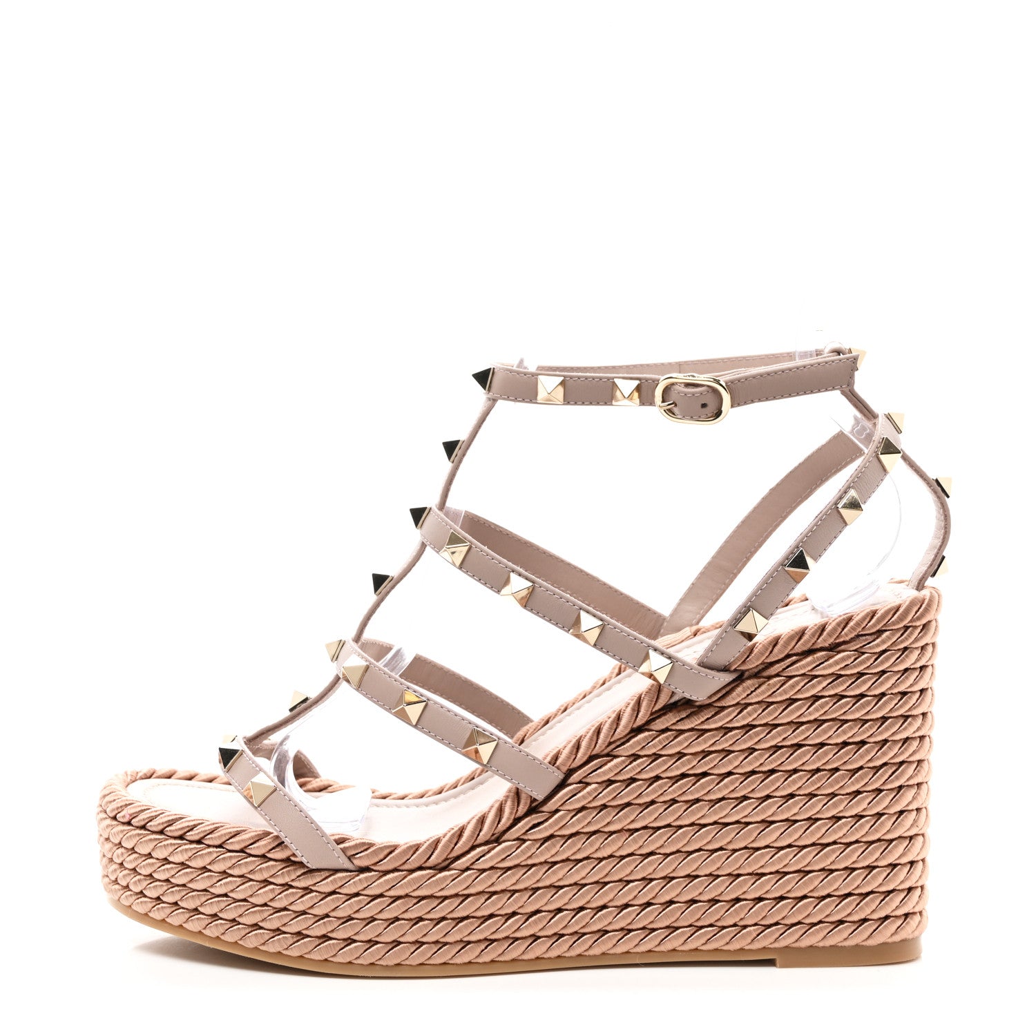 Valentino Garavani Calfskin Rockstud Ankle Strap Torchon Espadrille Caged 25/95mm Wedge Sandals 39 Poudre 1 of 8