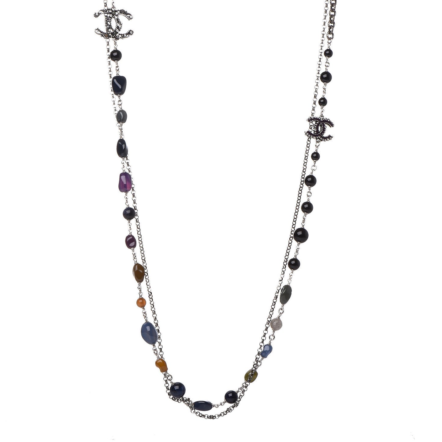 Beaded Enamel CC Long Necklace Ruthenium Multicolor