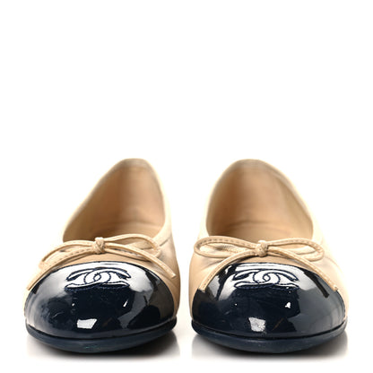 Chanel Goatskin Patent Calfskin Cap Toe CC Ballerina Flats 36 Light Beige Navy Blue 3 of 9
