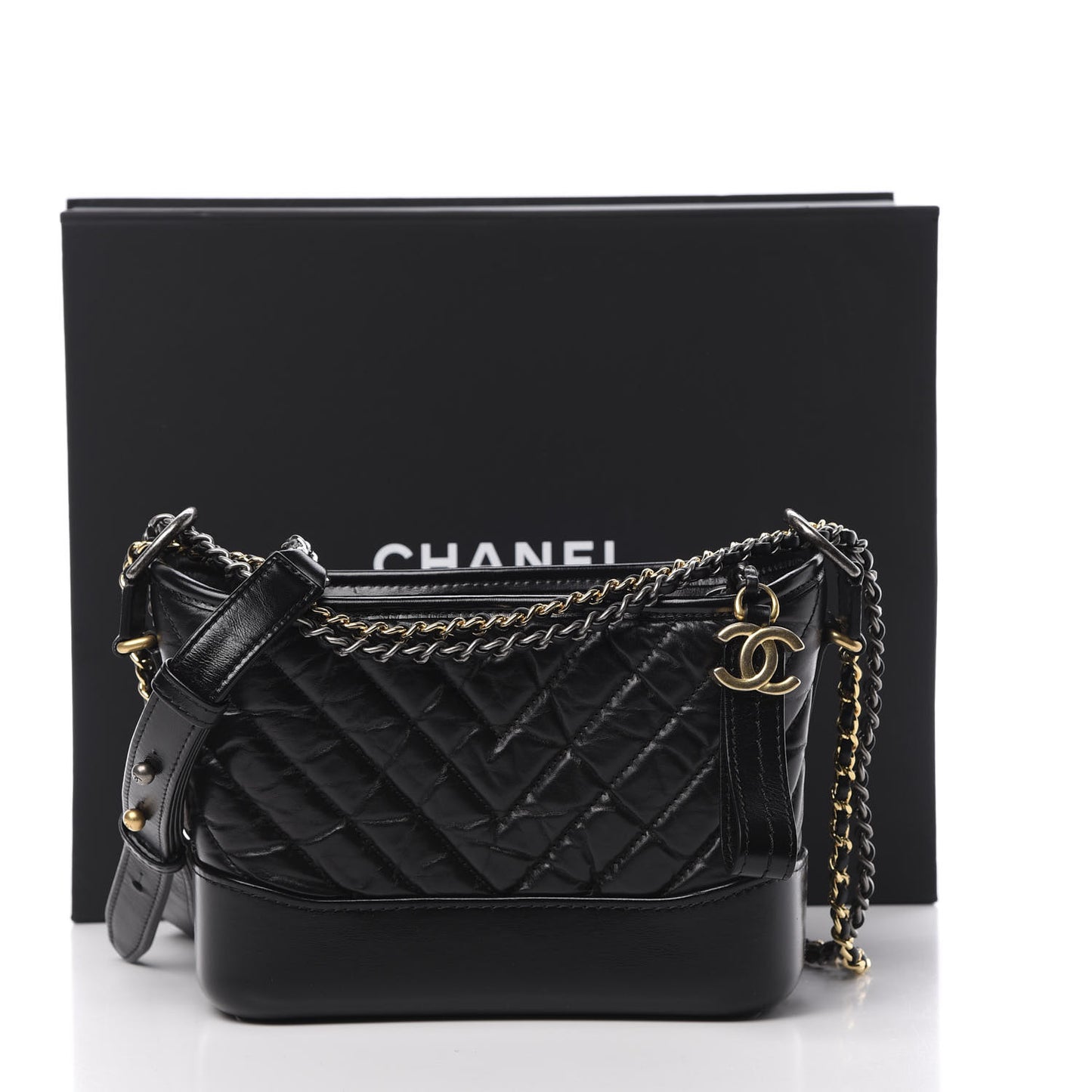 Aged Calfskin Chevron Quilted Small Gabrielle Hobo Black