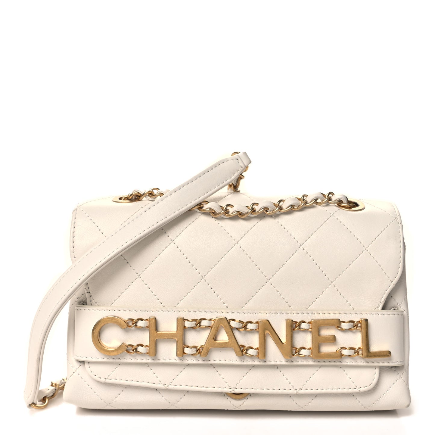 Calfskin Quilted Small Enchained Flap White