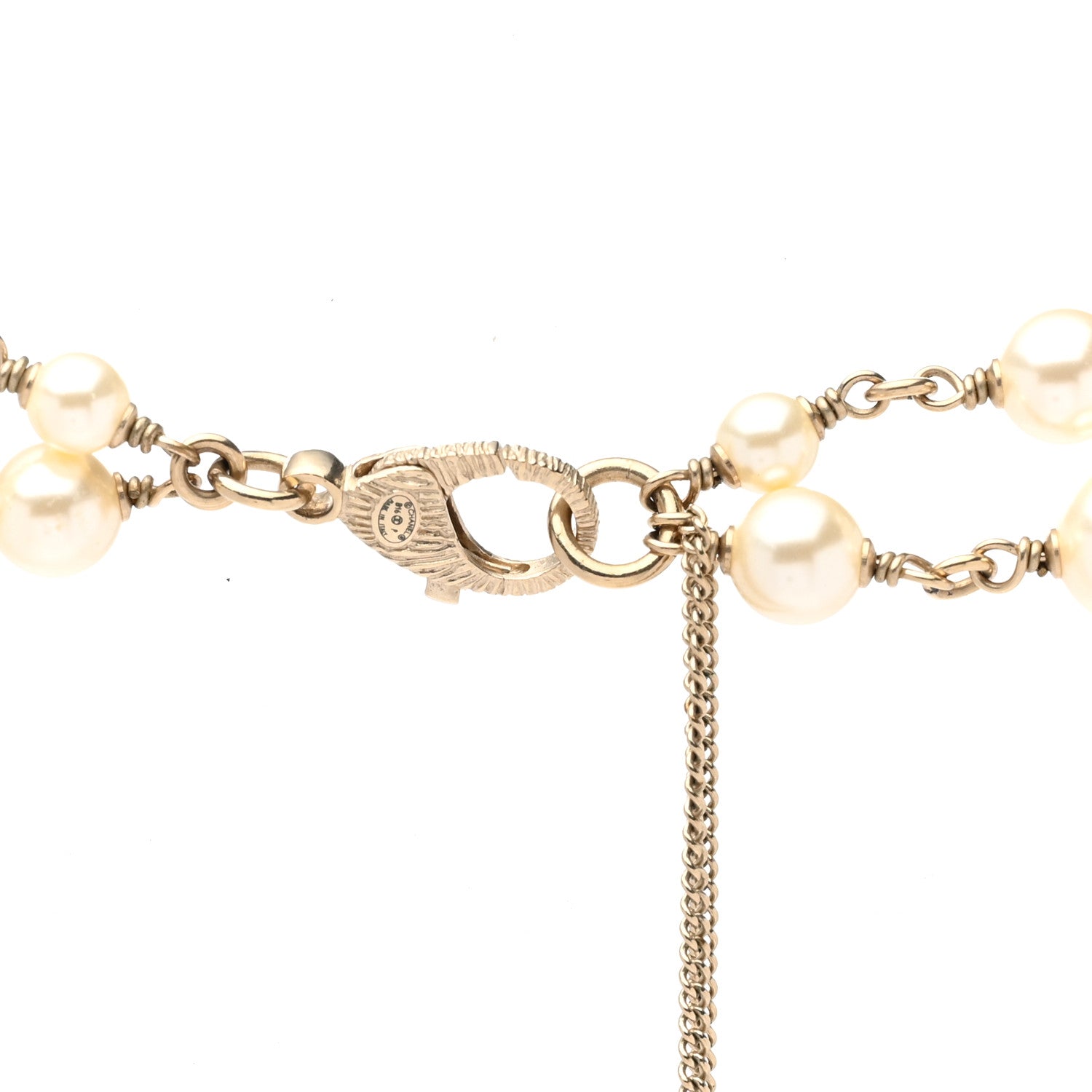 Chanel Metal Quilted Pearl CC Long Necklace Light Gold 5 of 6